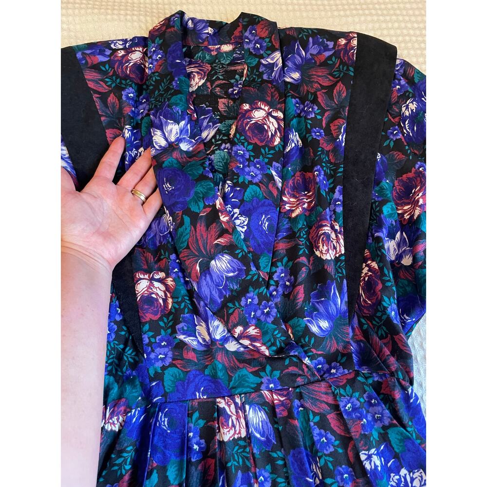 VTG 80's 90's Blue & Purple Floral Grandma Core V Neck Retro Long Sleeve Dress 4 - Picture 3 of 14